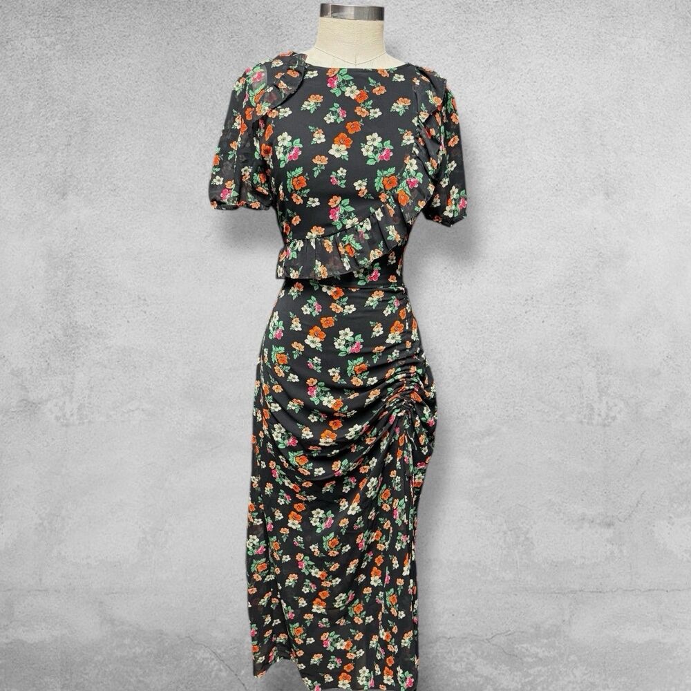 Maje Rancho Ruffle Dress 2 Black Floral Chiffon Midi Whimsigoth Cottagecore